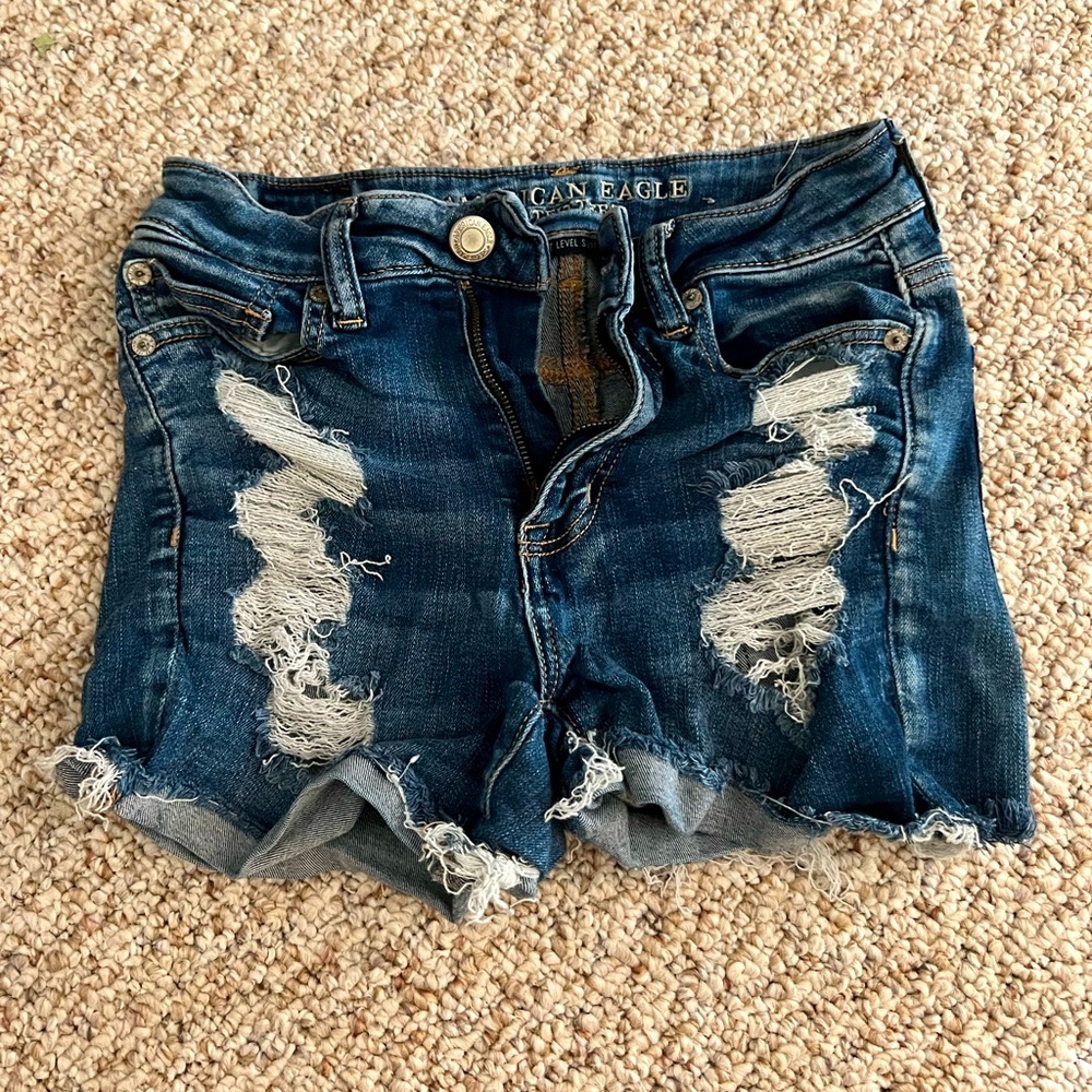 AE high waisted blue jean ripped shorts